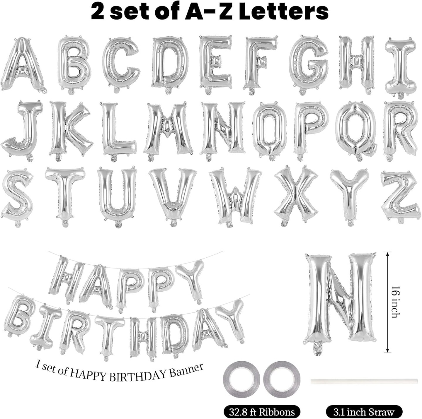 65 Pcs Silver Happy Birthday Balloons and 2 Sets A-Z Letters Foil Balloons (Silver)