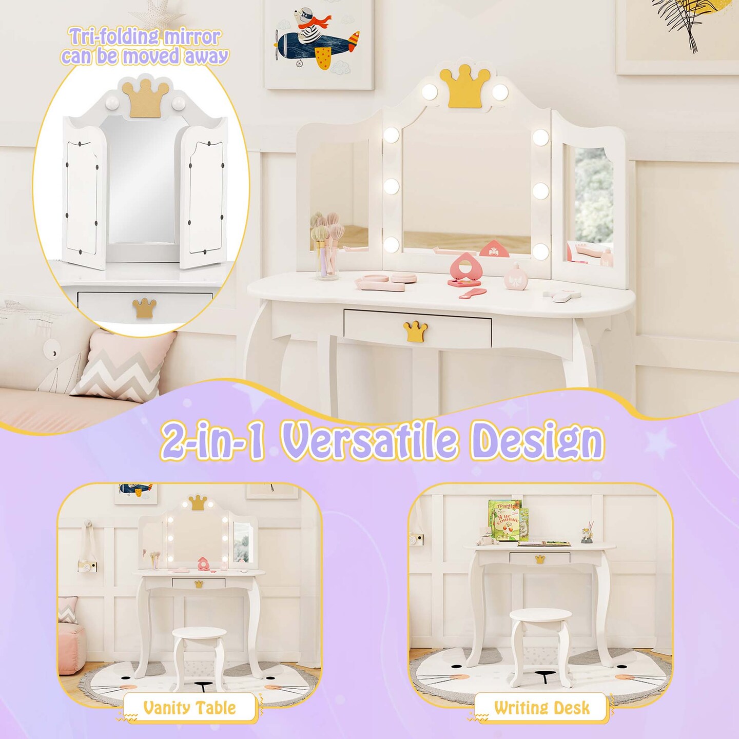 Costway Kids Vanity Set Princess Vanity Table & Chair Set with Lighted Mirror White/Pink/Purple