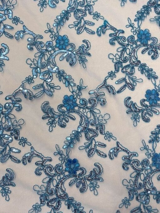 1 Yard Turquoise Sequin Embroidered Lace Fabric Corded Mesh Double Scallop Edge 54" Wide