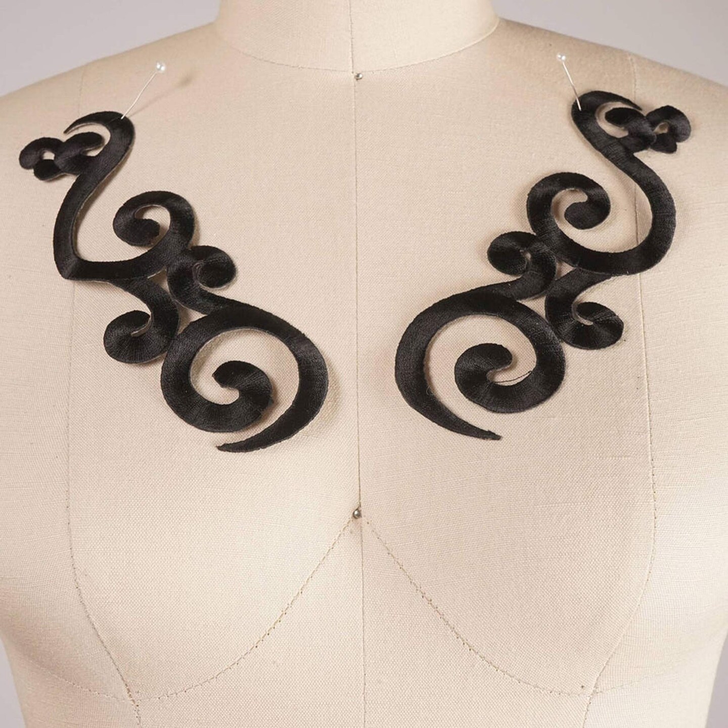Black Embroidered Iron-On Applique 2 Pieces Metallic Patches for Necklines, Dresses & Stage Costumes