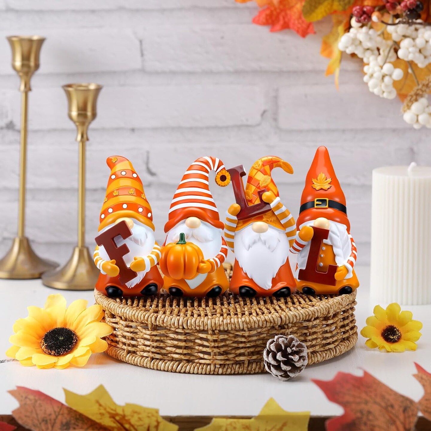 4 Pcs Fall Figurines Resin Gnome Tabletop Autumn Sculpture Decoration