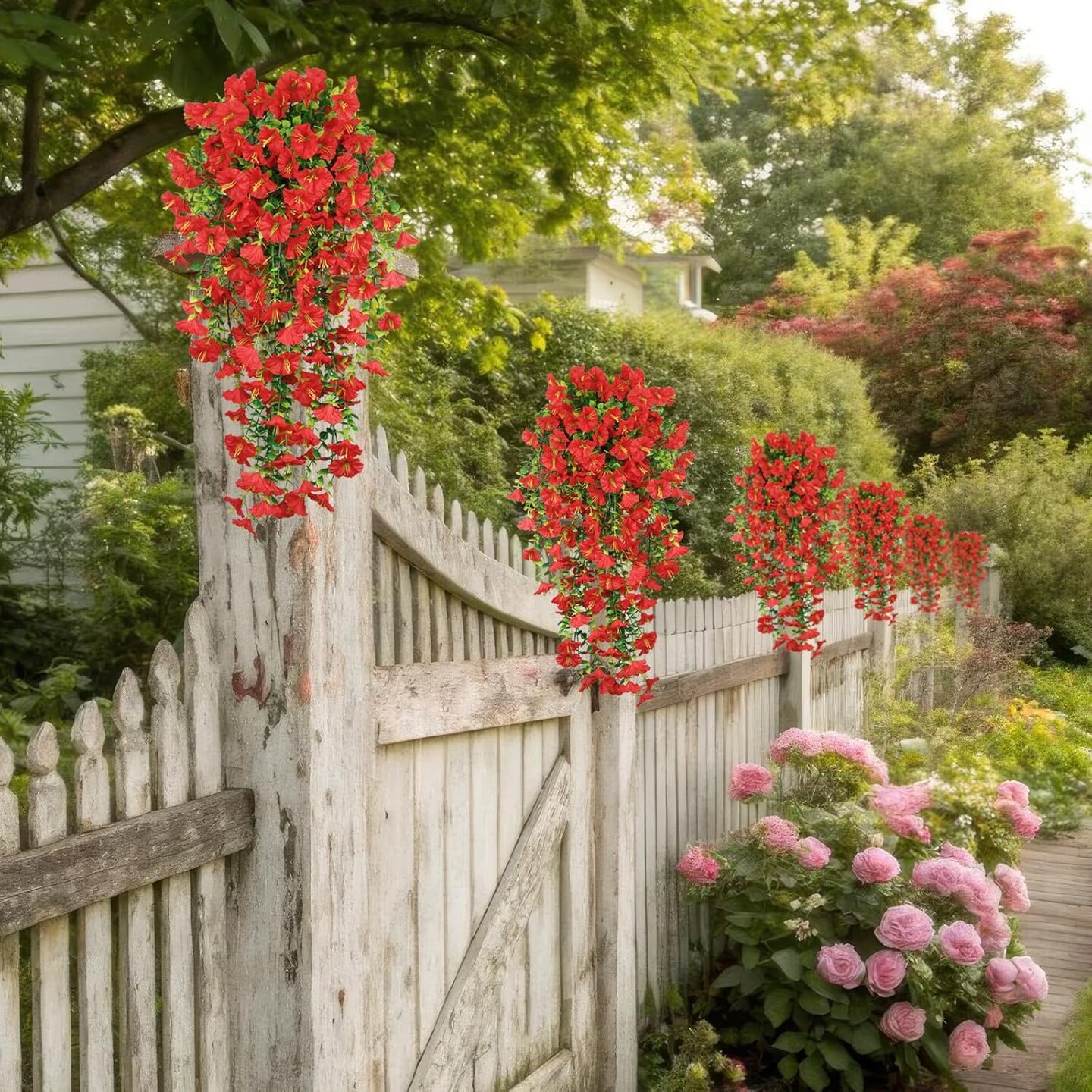 3 Pcs Artificial Hanging Flowers (Red 2) 15.74"D x 15.74"W x 29.53"H