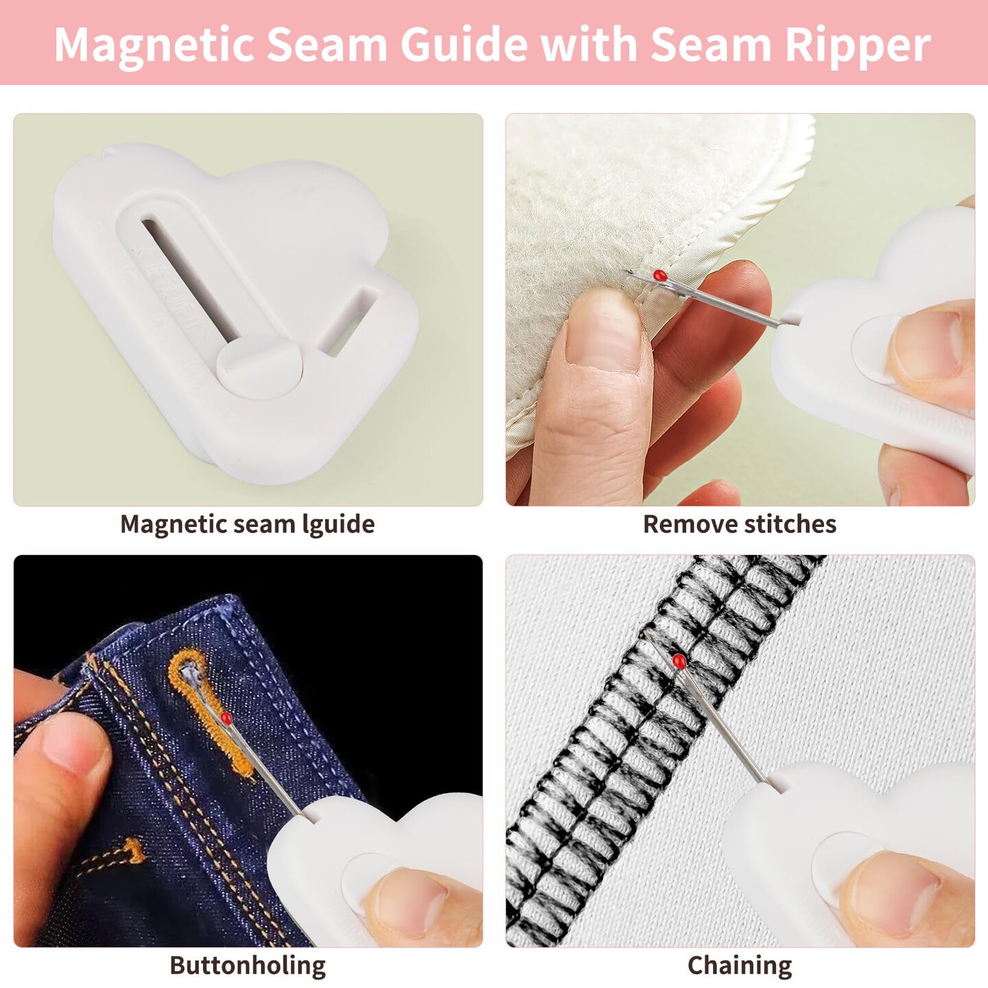 Magnetic Seam Guide for Sewing Machine with Seam Ripper Thread Remover Tool Multifucntional Magnetic Sewing Guide Hemmer with Scale Universal Sewing Supplies and Accessories(White)