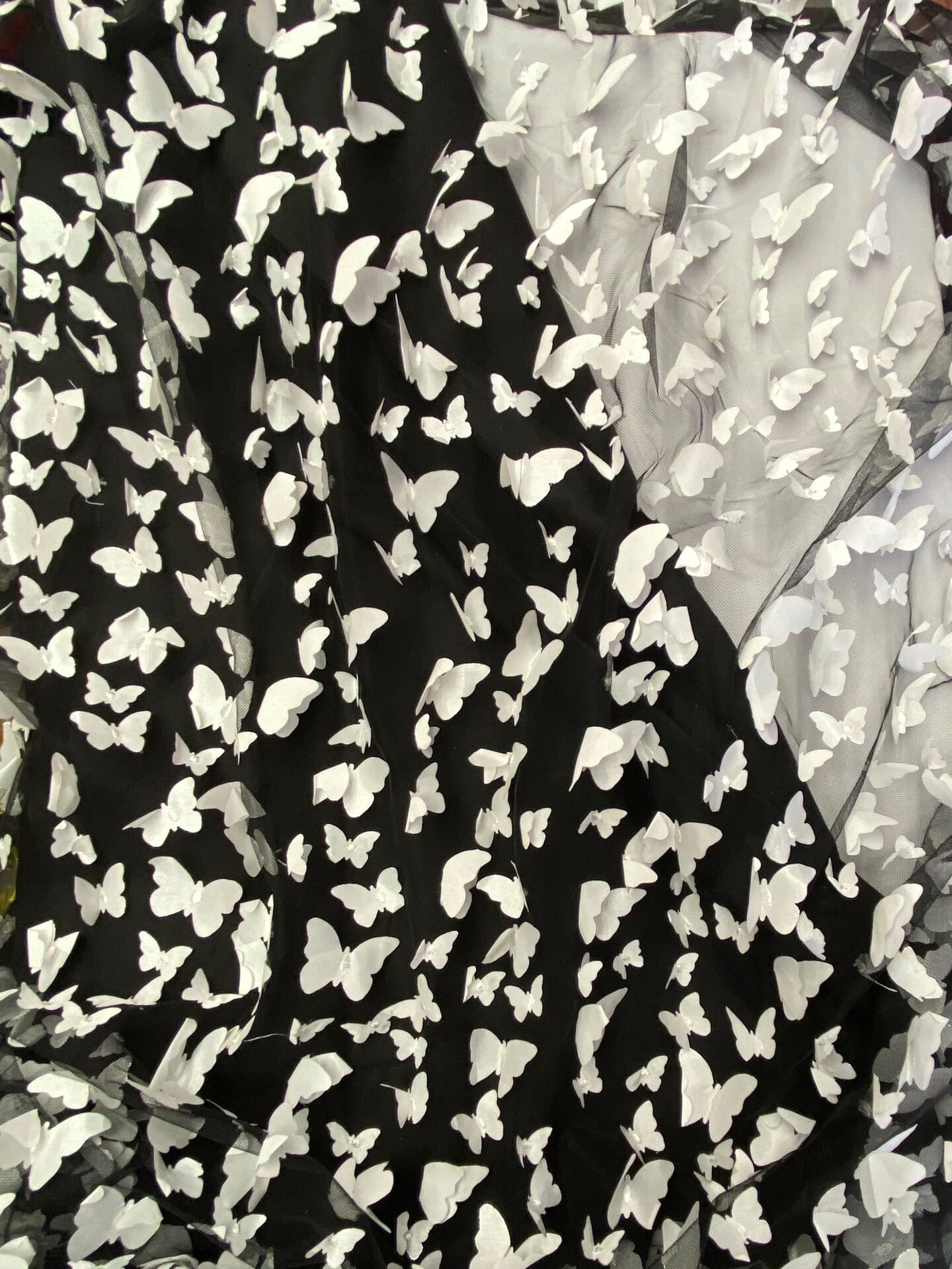 1 Yard White on Black 3D Butterfly Satin Mesh Fabric for Dresses, Skirts, and Costumes 54 Inch Wide