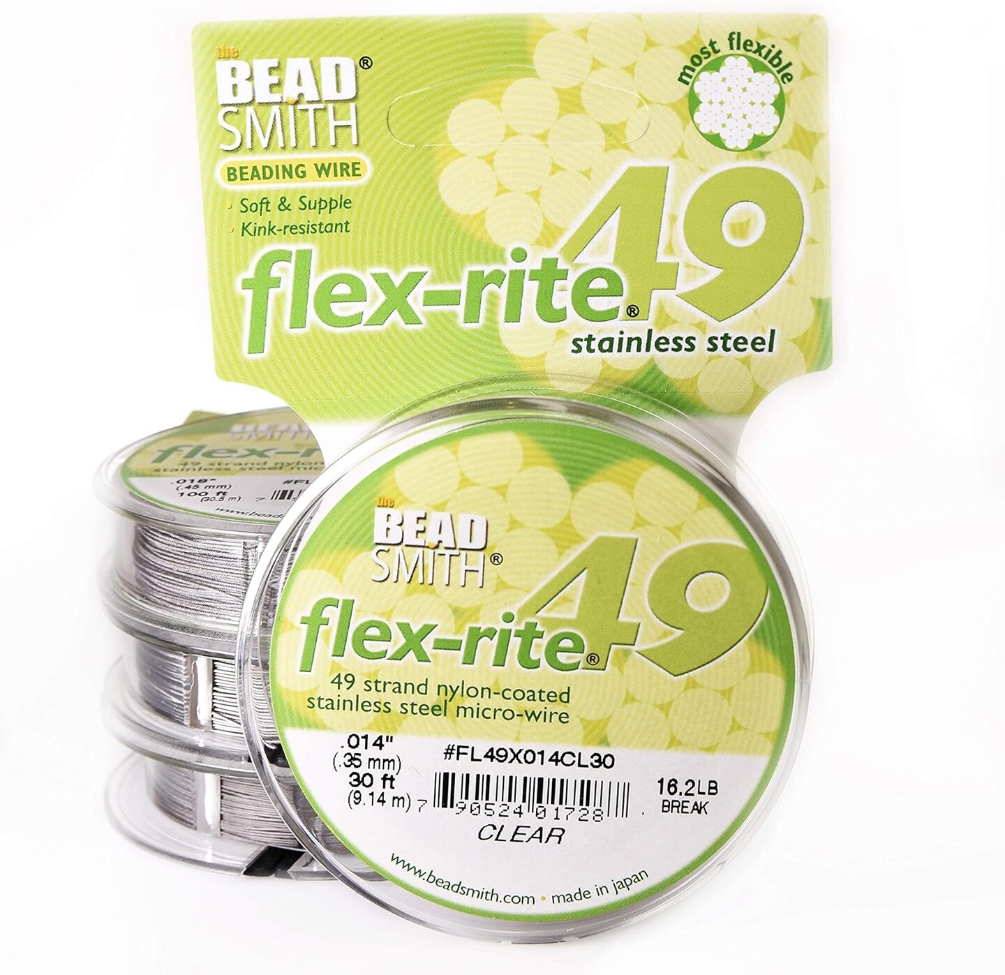 The Beadsmith Flex-Rite Beading Wire - Stainless Steel Micro Flexible Wire, 49 Strand, Clear Color, .014" Diameter, 30-Foot Spool, Nylon Coated