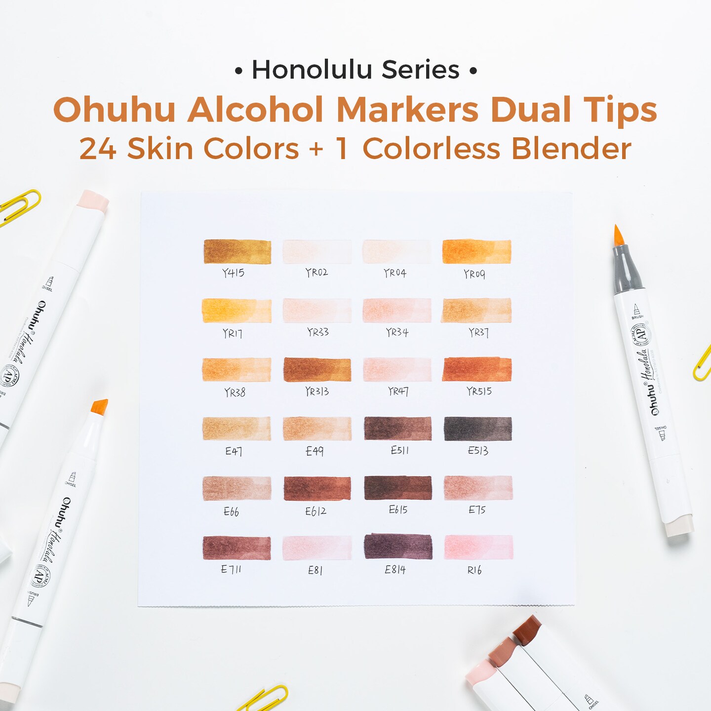 Ohuhu Skin Tone Alcohol Markers Brush Tip - 24 Portrait Color Markers for Artist Adults Coloring Illustration - Brush &#x26; Chisel/ Brush &#x26; Fine - Honolulu/ Honolulu B - Refillable