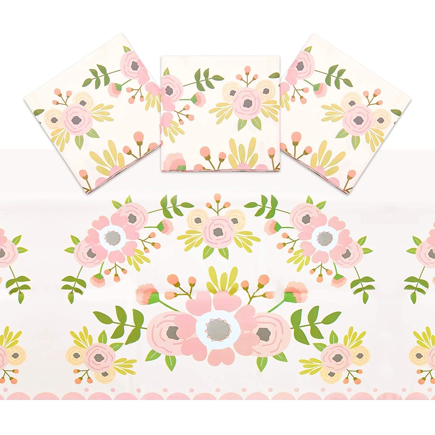 Pink Floral Plastic Tablecloth for Wedding (54 x 108 in, 3 Pack)