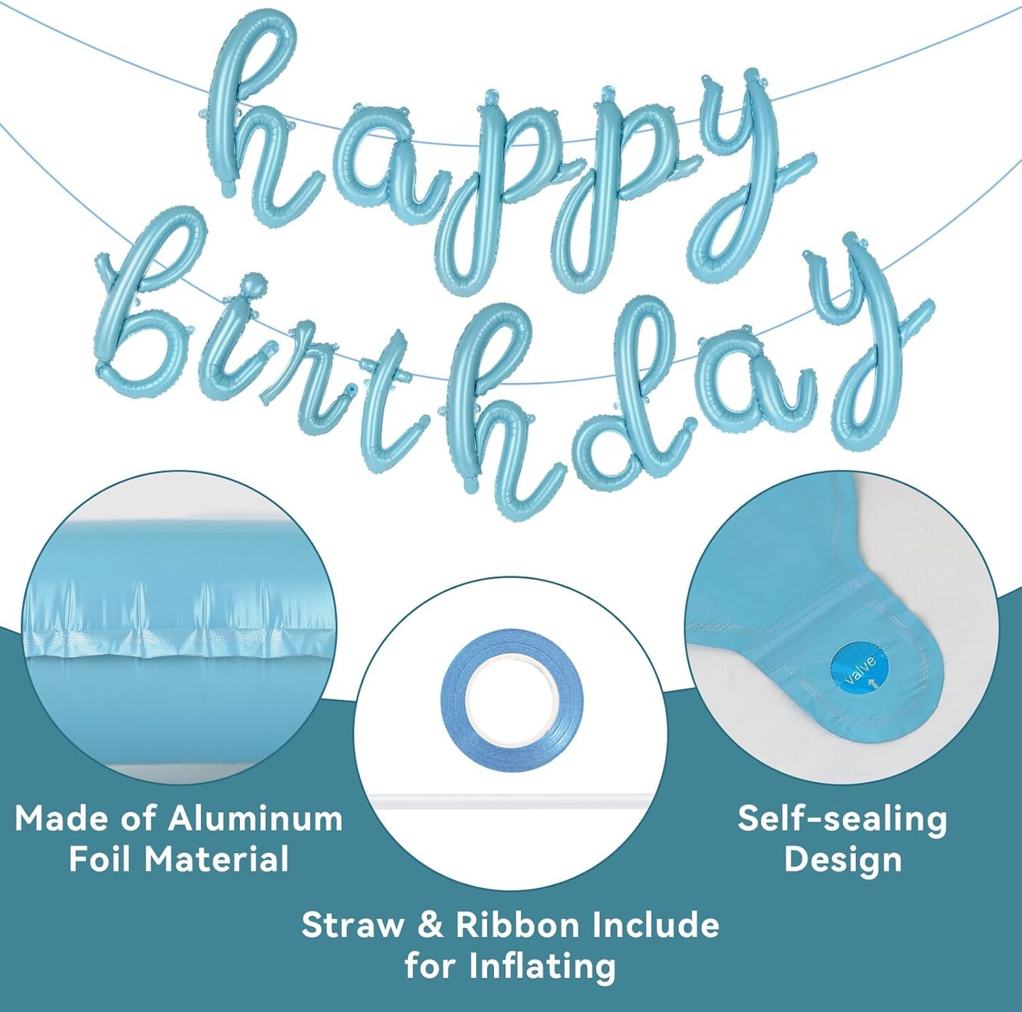 Blue Happy Birthday Balloons – Script Foil Mylar Letter Banner, Cursive Birthday Party Decorations for Kids and Adults (Blue)