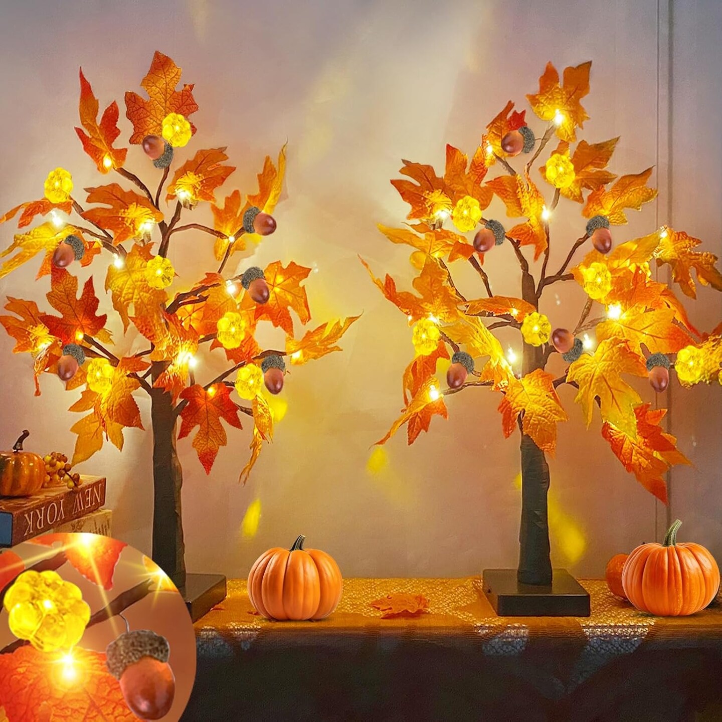 [ 2 Pack & Timer ] 20 Inch Prelit Fall Lighted Maple Tree Thanksgiving ...