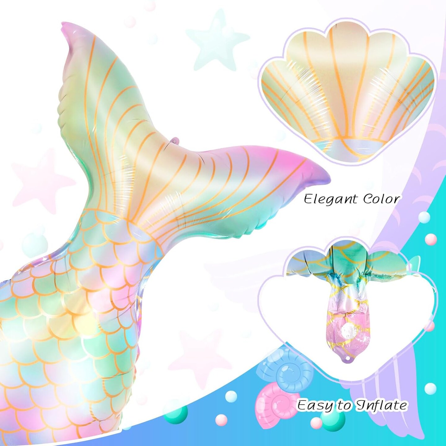 6 Pcs Mermaid Sea Foil Balloons, Mermaid Tail Sea Shell Mylar Balloons