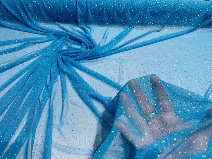 1 Yard Sheer Power Mesh With AB Rhinestones Stretch Fabric for Dancewear, Gowns & DIY