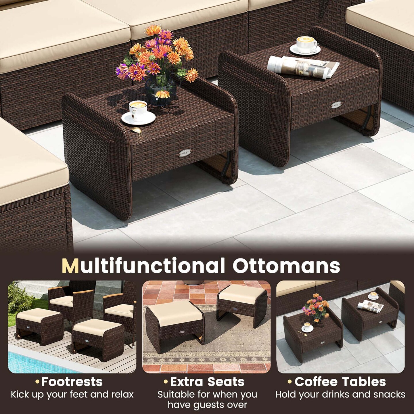 Costway 2 Pieces Outdoor Patio PE Wicker Ottomans with Removable Cushions Footstools Beige/Navy