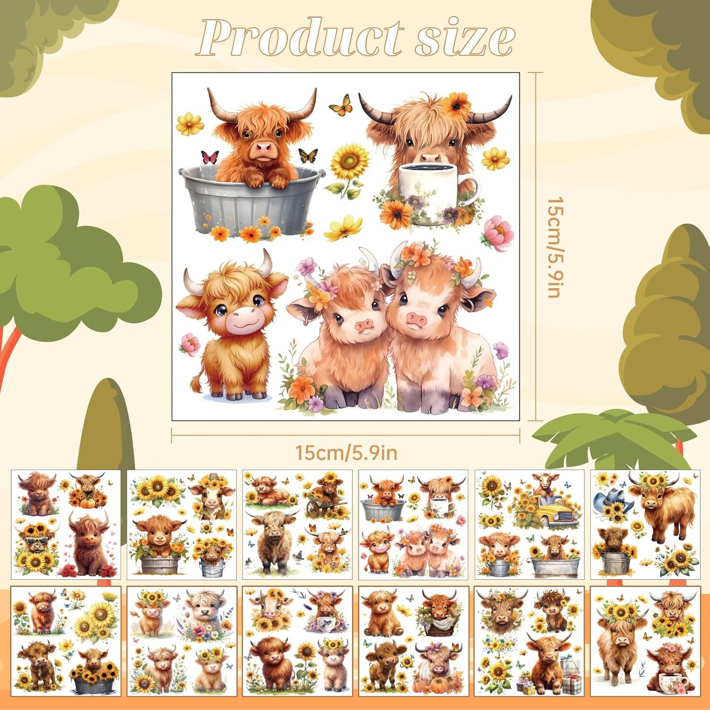 12sheets Highland Cow Rub on Transfers for Crafts