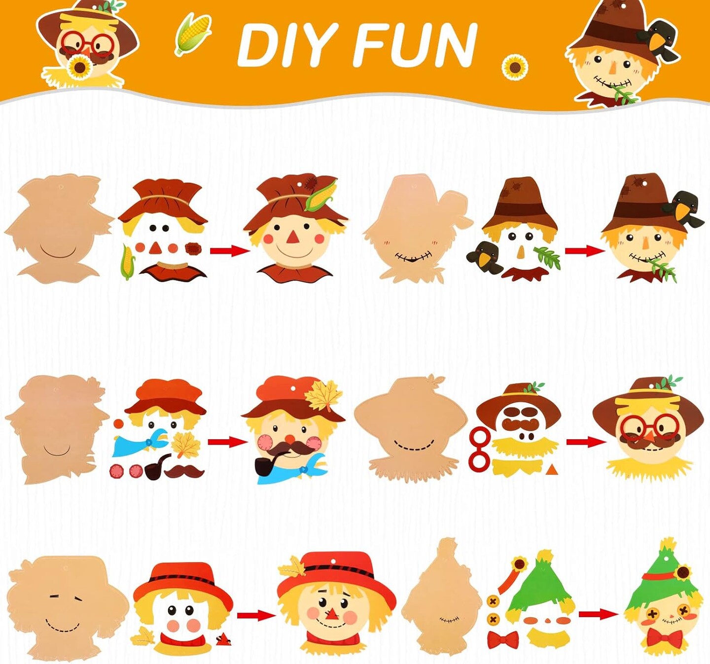 24-Pack Thanksgiving Fall Scarecrow Head Craft Kits for Kids – DIY Autumn Ornaments, Classroom & Home Art Projects, Party Favors, and Holiday Activities