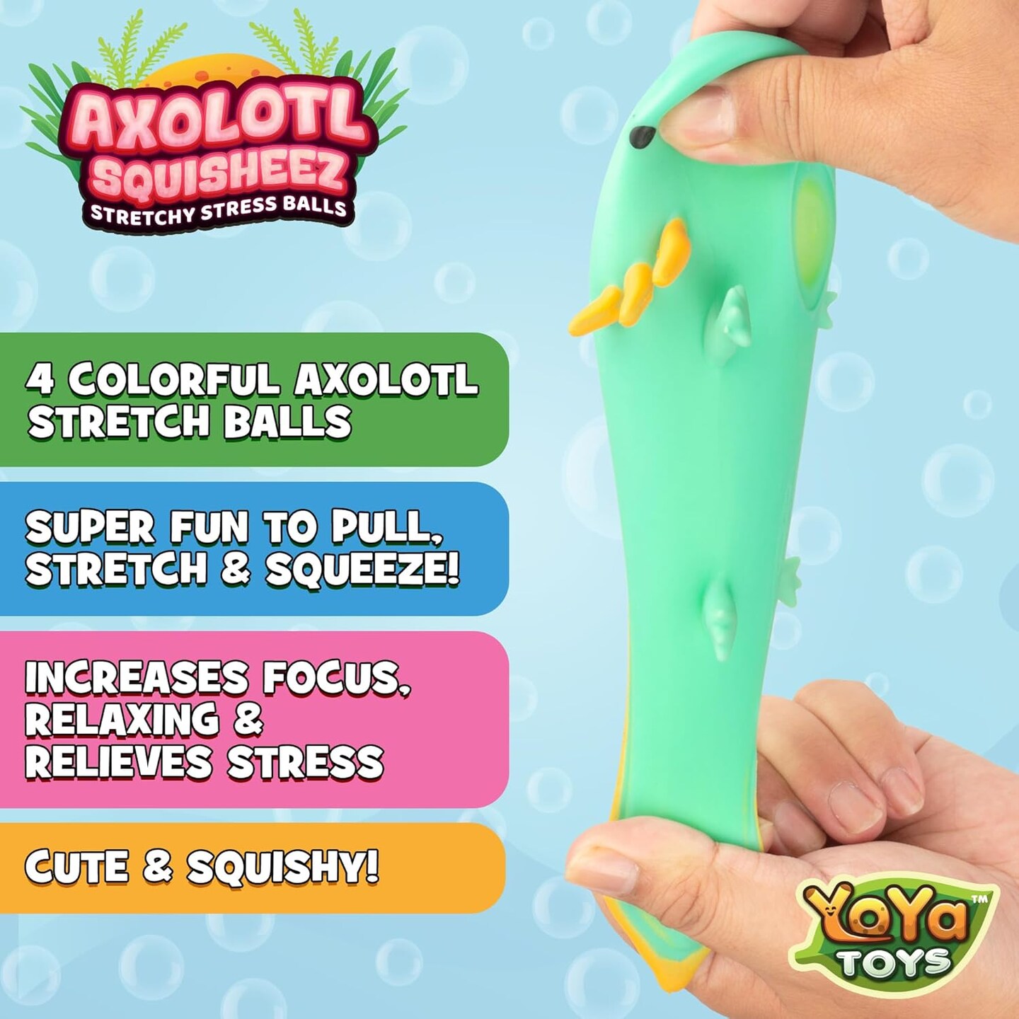 Squisheez Axolotl 4-Pack | Mini Kawaii Squishy Animal Toys for Kids & Adults | Stress Relief Fidget Toys | Cute Pink, White, Green & Blue Collectibles