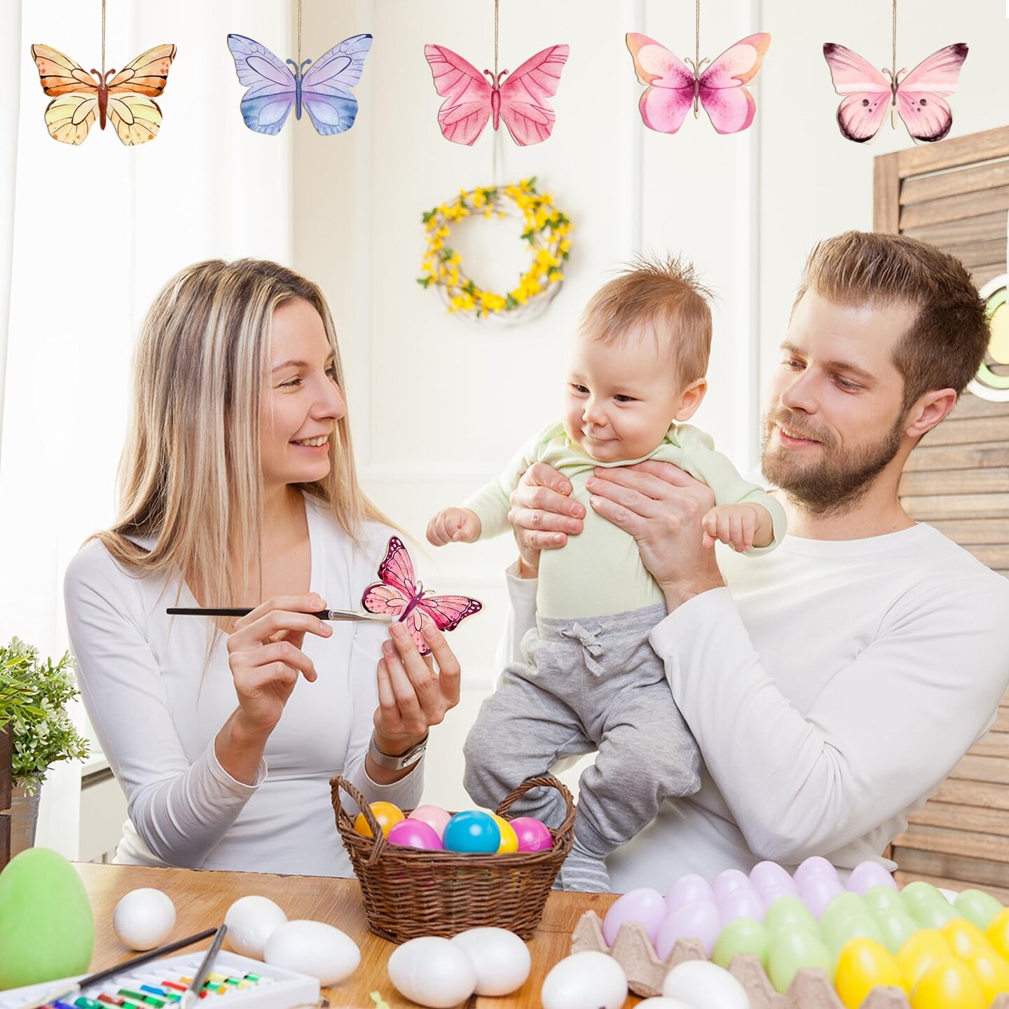 Wooden Butterfly Ornaments to Paint Spring Decoration Cutouts Unfinished 24PCS 3.5 x 3 inches, DIY Blank Unfinished Wood Discs Ornament for Home Crafts Hanging Easter St. Patrick Day Decoration