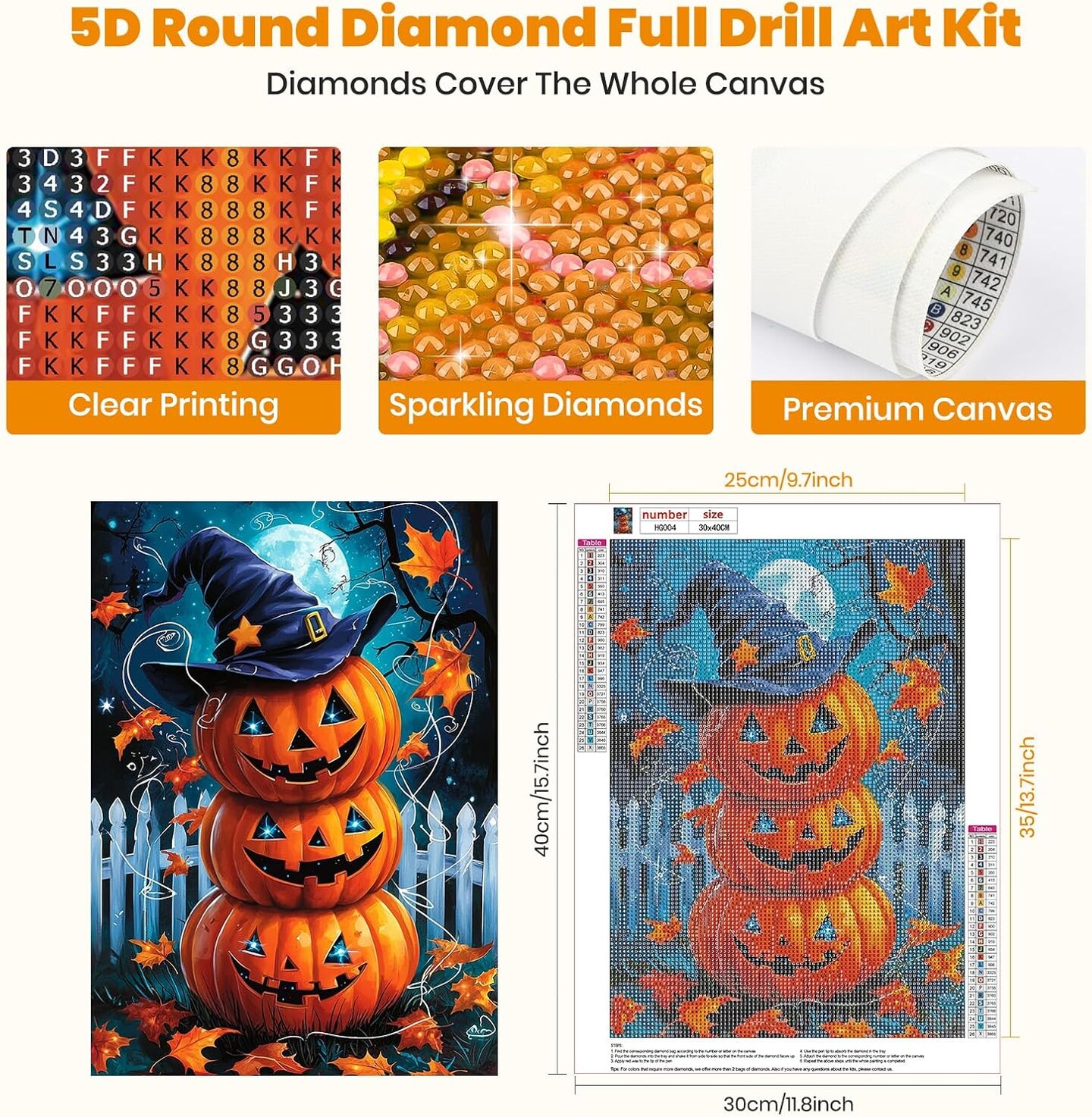 Halloween Pumpkins Diamond Painting Kit for Adults &#x2013; 5D Full Drill DIY Gem Art, Diamond Painting Craft for Beginners, Wall Decor 12x16 Inch