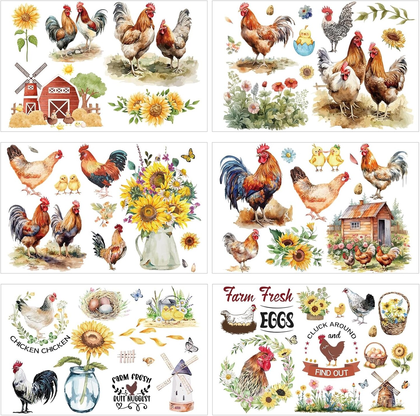 6 Sheets Farm Rub on Transfer Stickers for Furniture (Chicken) 11.8x7.9 Inch