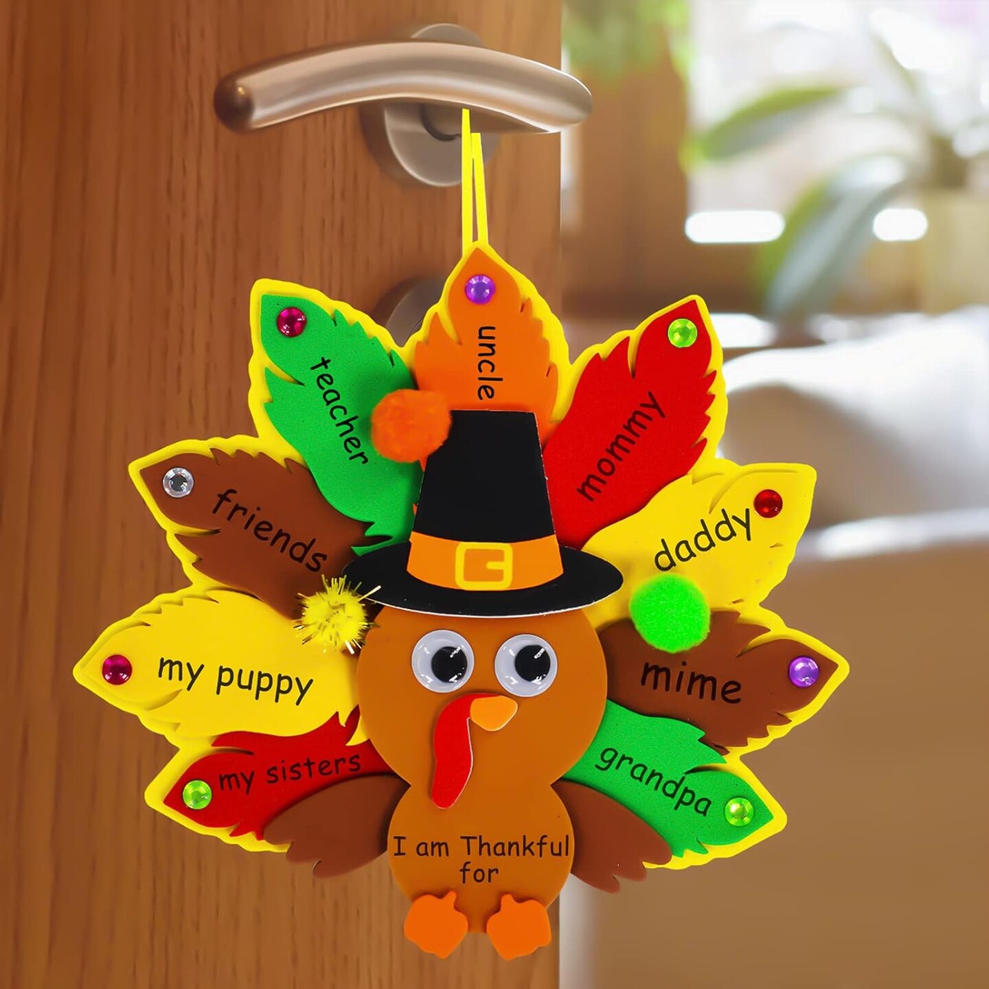24-Pack Thanksgiving Turkey Craft Kits for Kids – DIY Foam Turkey Ornaments with Feathers, Pumpkin & Leaf Stickers, Googly Eyes, Pom-Poms, and Ribbon for Classroom, Party & Autumn Decorations
