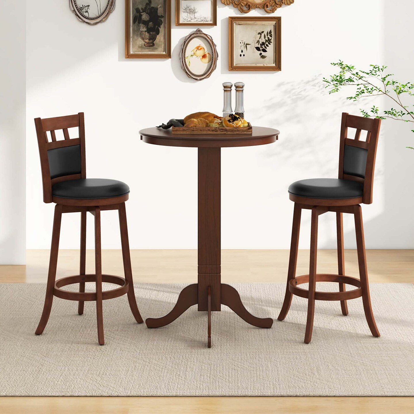 Costway 30” Round Bar Table with Rubber Wood Frame, Elegant Pedestal Base for Dining Room Espresso/Oak Gray