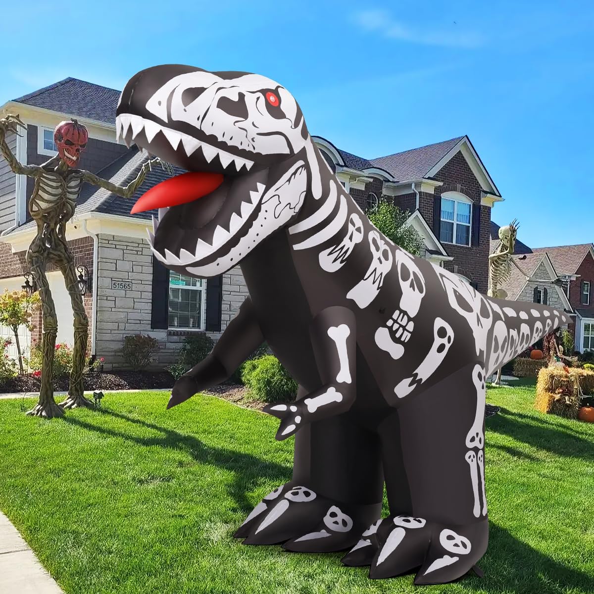GOOSH 8 FT Long Halloween Inflatables Blow Up Dinosaur Skeleton with Built-in LEDs