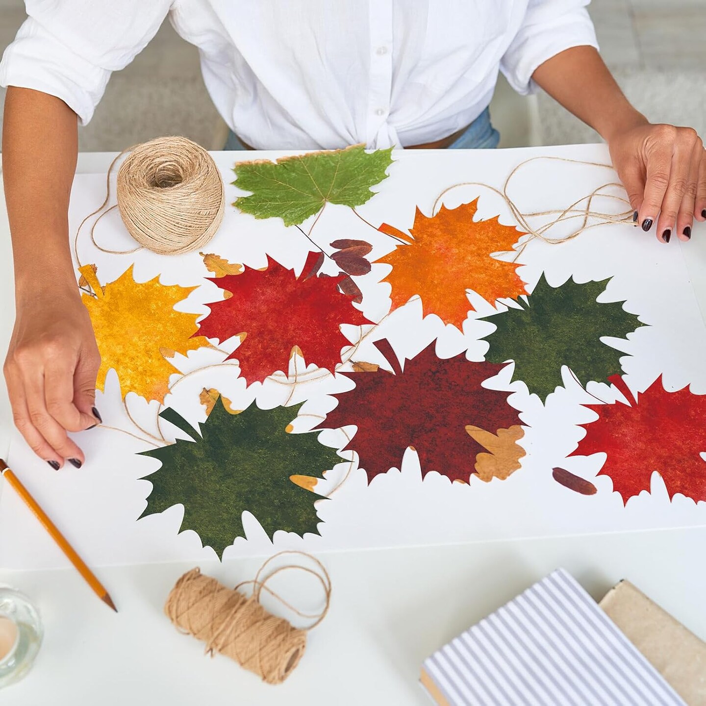 50Pcs Fall Maple Leaves Cutouts 5 Solid Colors Cardboard-Red, Green, Yellow, Brown, Orange