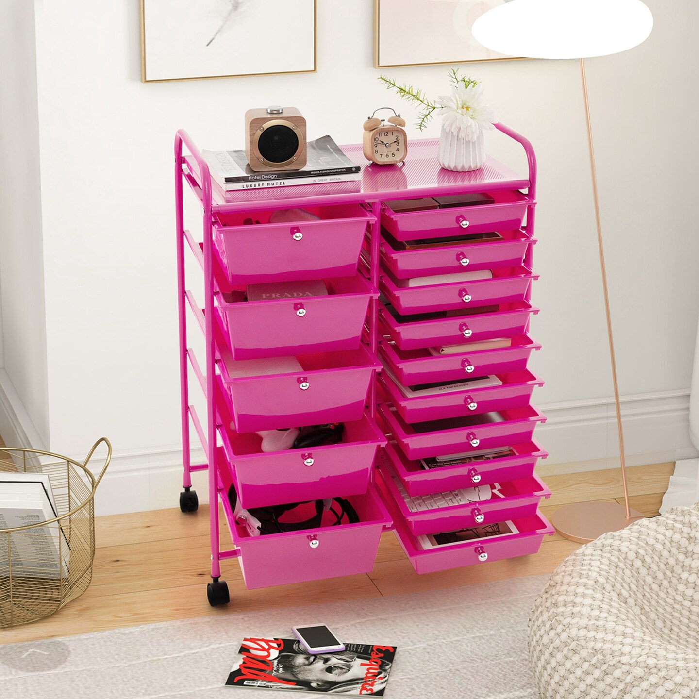 Costway 15 Drawer Rolling Storage Cart Tools Scrapbook Paper Office School Organizer Multicolored/Pink/Grey/Hot Pink/White/Black/Clear/Multicolor/Colorful/Mixed Pink