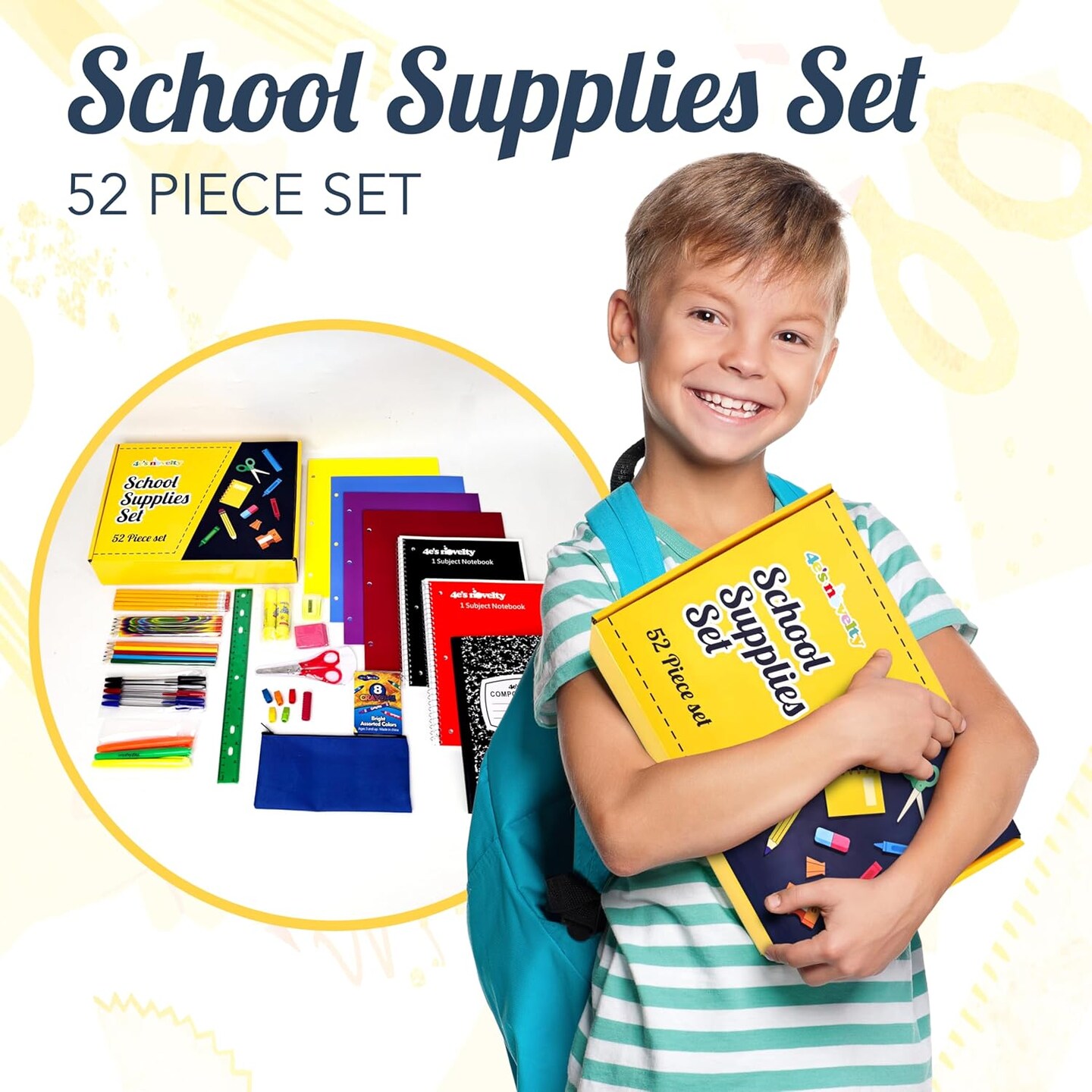 4E's Novelty 44 Pieces Schools Supplies Kit, Back To School Supply Box With Essential Student Kits, Pens, School Supply Bundle For Safe And Daily Use, Elementary Schools Supplies Kit For Classroom