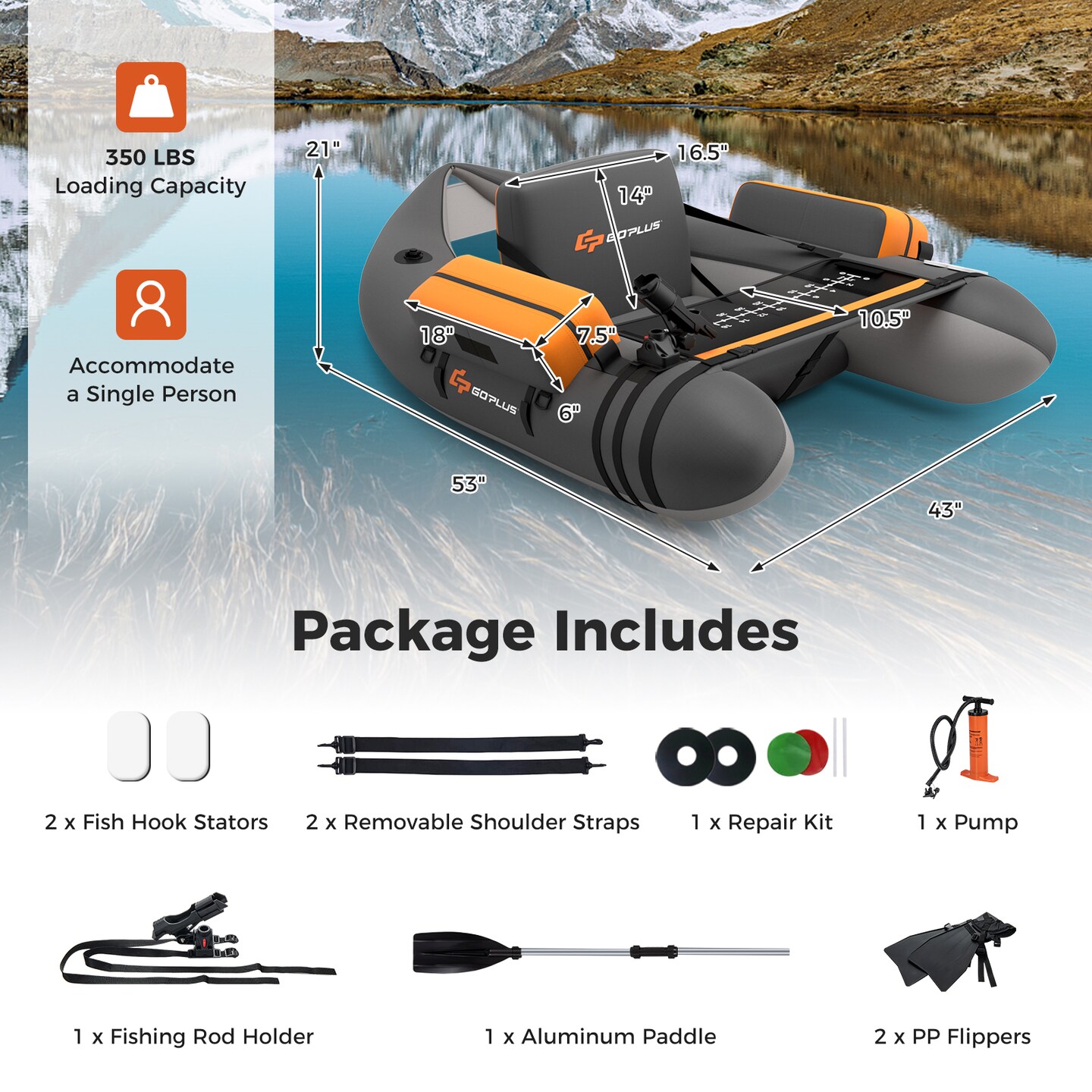 Goplus Inflatable Fishing Float Tube w/Pump & Storage Pockets & Fish Ruler Gray\Beige\Green