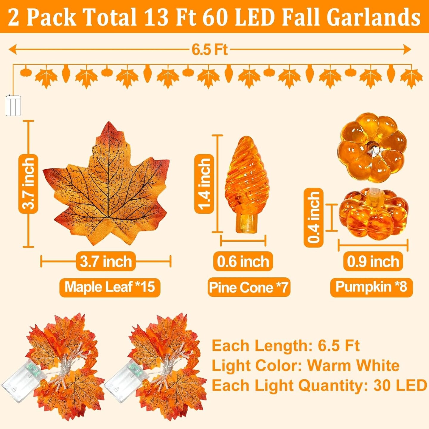 2-Pack 13FT Fall Garland with Pinecone & Pumpkin LED Lights – 60 LED Enlarged Maple Leaves, Battery-Operated Thanksgiving & Christmas Decorations with Timer (Orange)