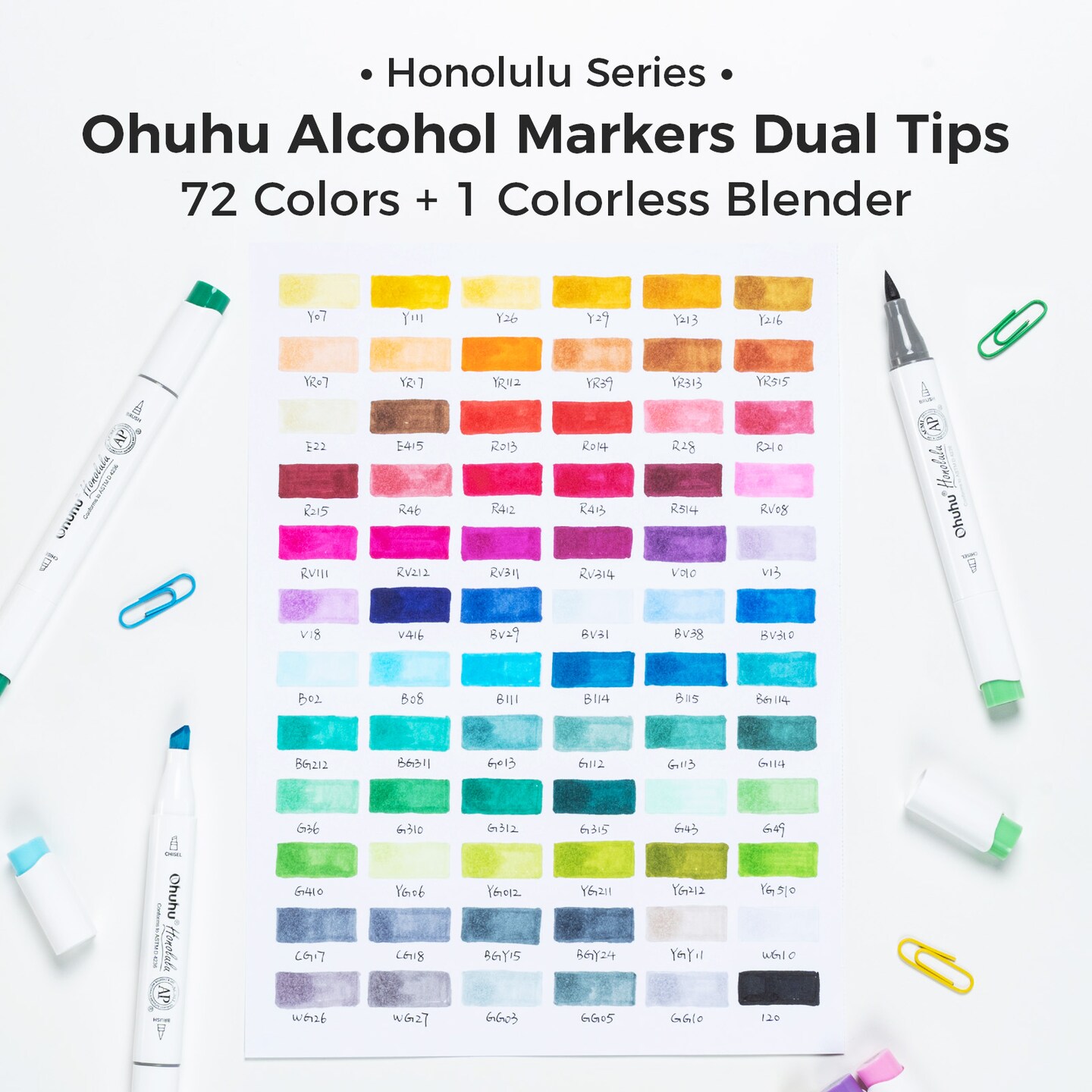 Ohuhu Alcohol Markers Brush Tip - Double Tipped Art Marker Set for Artist Illustration - 72 Colors - Brush & Chisel/ Brush & Fine Dual Tips - Honolulu/ Honolulu B - Refillable