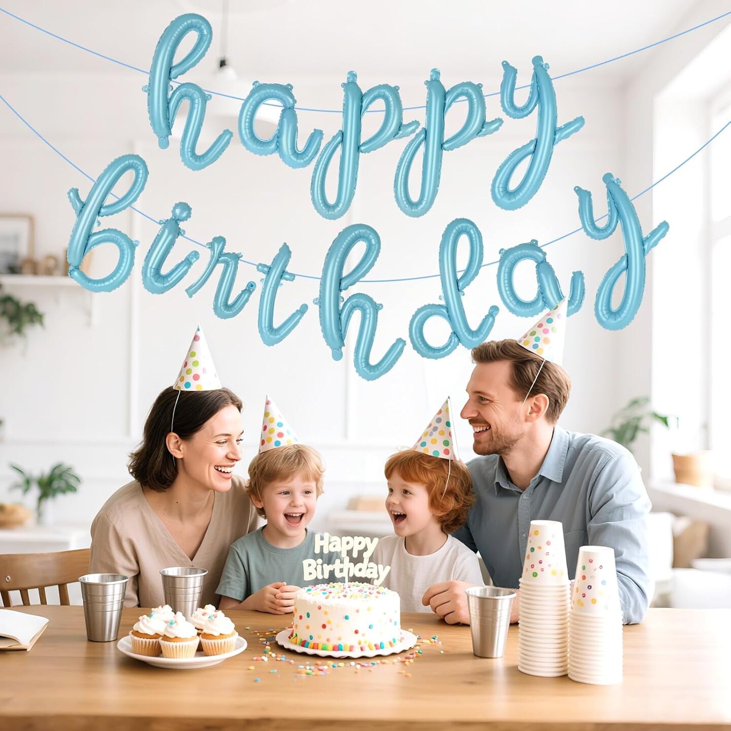 Blue Happy Birthday Balloons – Script Foil Mylar Letter Banner, Cursive Birthday Party Decorations for Kids and Adults (Blue)