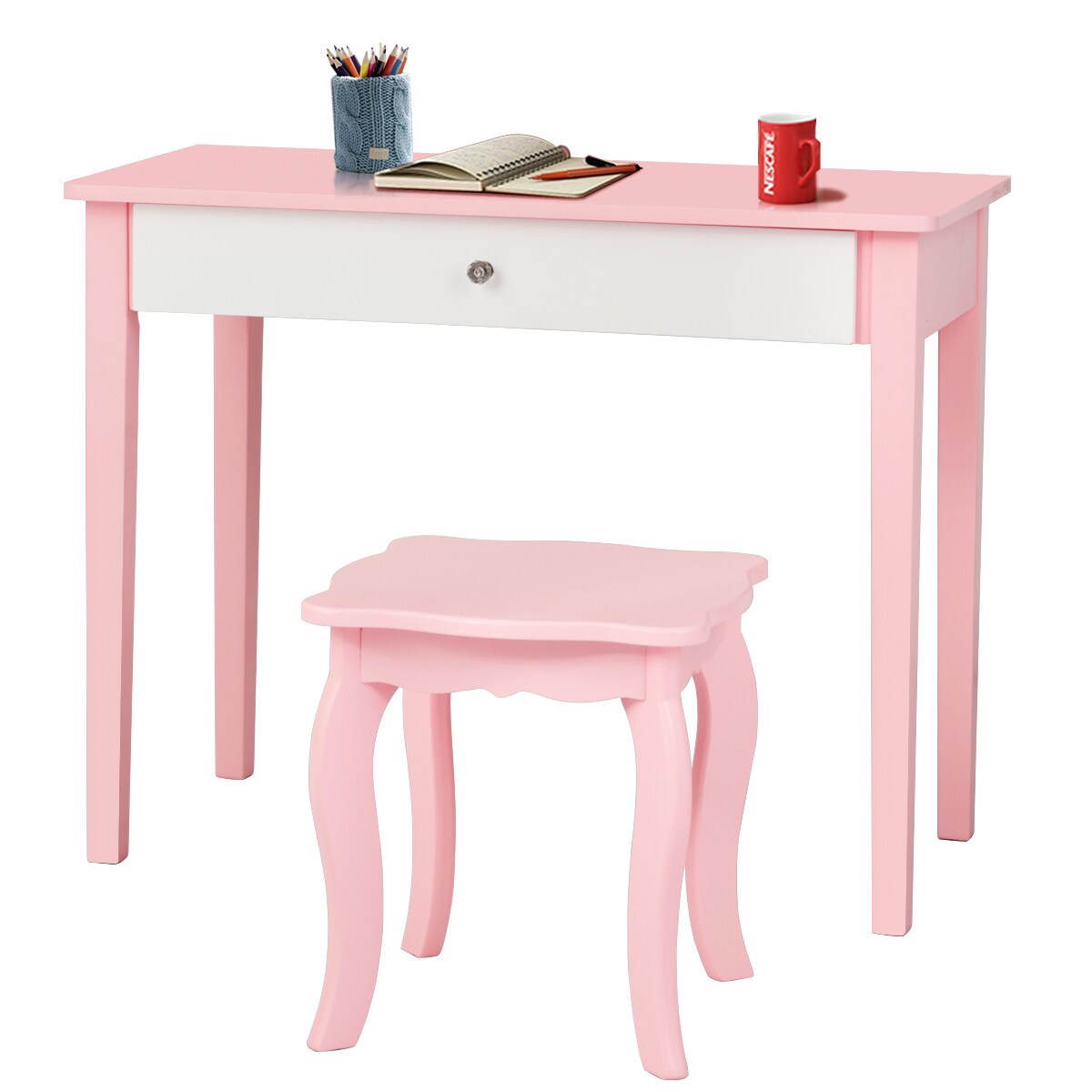 Costway Kids Vanity Set Princess Makeup Dressing Play Table Set W/Mirror White\ Pink