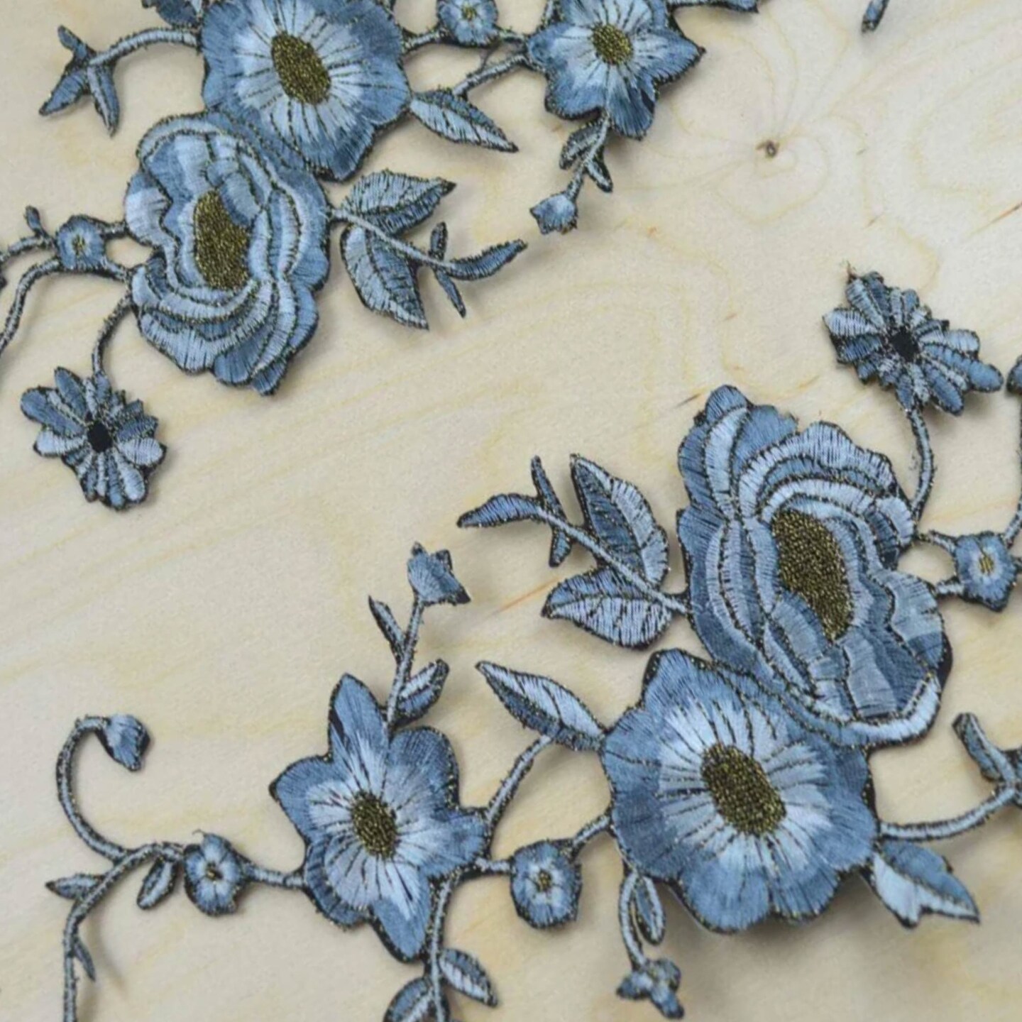 2 Pieces Large Pale Blue Flower Embroidery Patch with Antique Gold Detailing and Iron On Backing