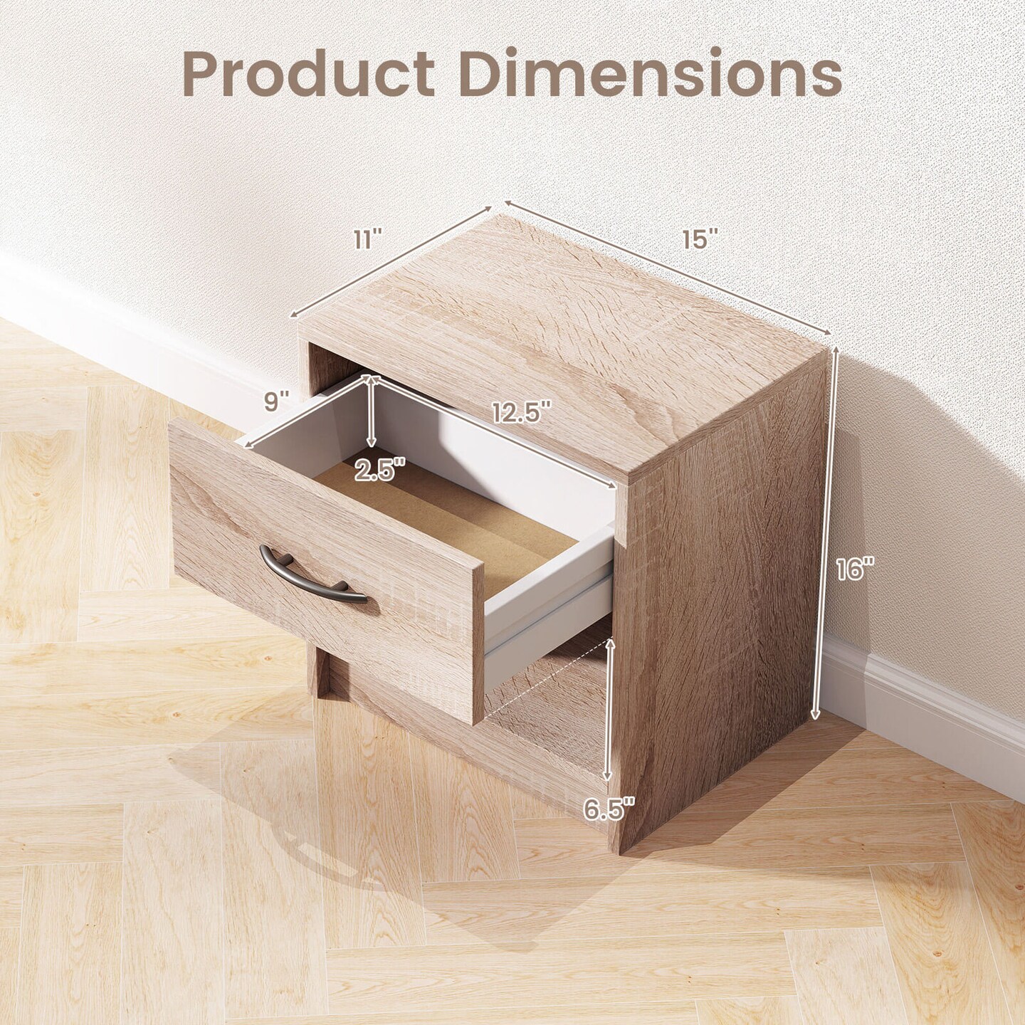 Costway Modern Nightstand Bedside Table with Drawer Open Storage Shelf for Small Spaces Light Gray/Oak&White/Natural&White/Natural/White/Dark Gray/Brown