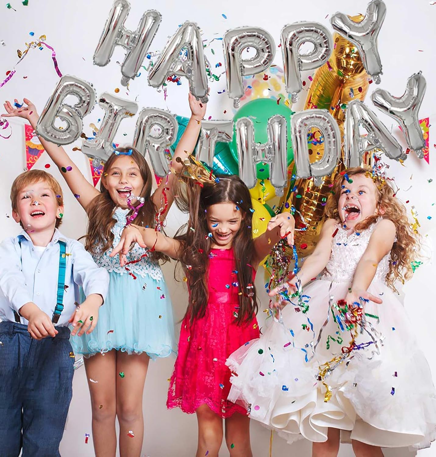 Silver Happy Birthday Balloon Banner – 16” Mylar Foil Letters with Straw & Ribbon, Party Decoration & Photo Booth Backdrop