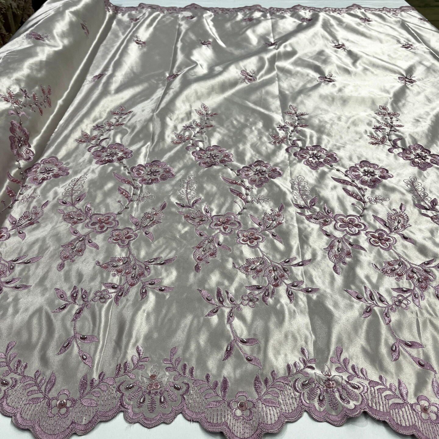 1 Yard Beaded Bridal Lace Fabric Embroidered on 100% Polyester Satin 54&#x22; Wide