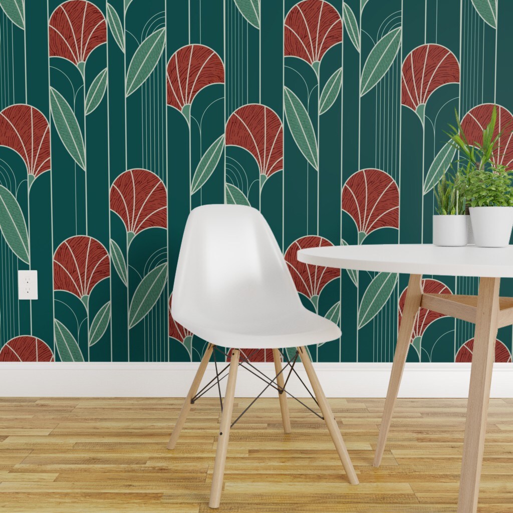 Peel &#x26; Stick Wallpaper 2FT Wide Bold Floral Red Green Abstract Flowers Elegant Geometric Jewel Tone Timeless Custom Removable Wallpaper by Spoonflower
