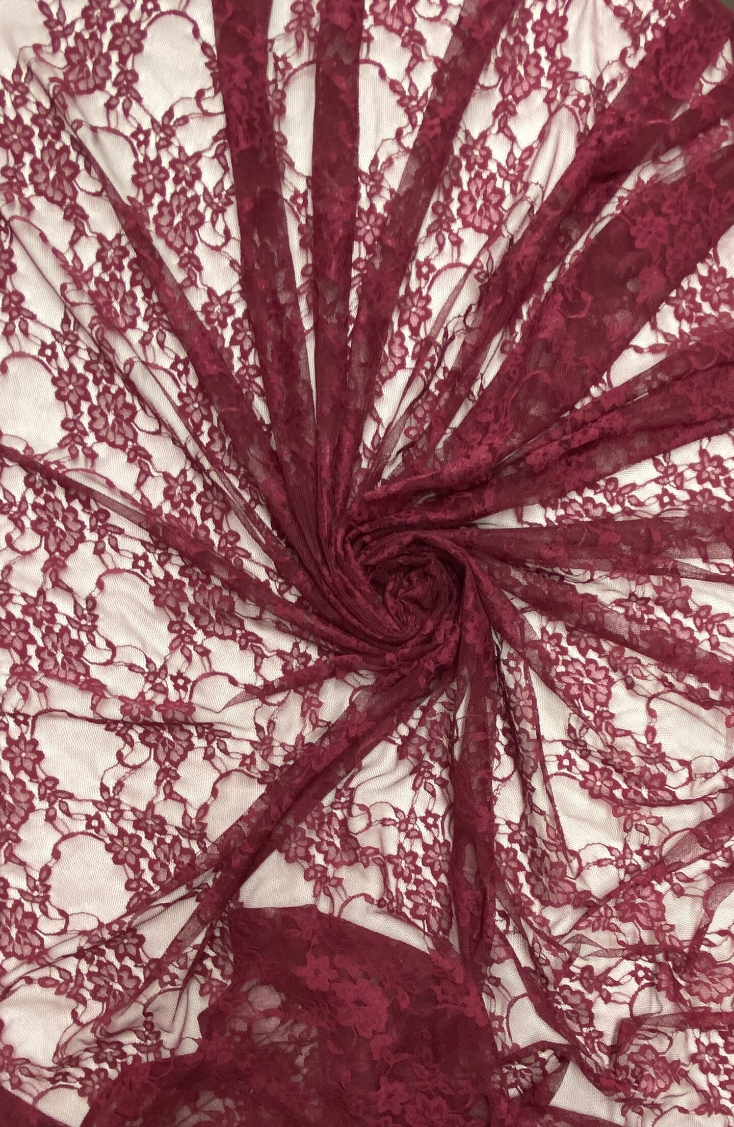 1 Yard Burgundy Floral Lace Fabric 4-Way Stretch Sheer Shimmery Nylon Spandex 58/60" Wide