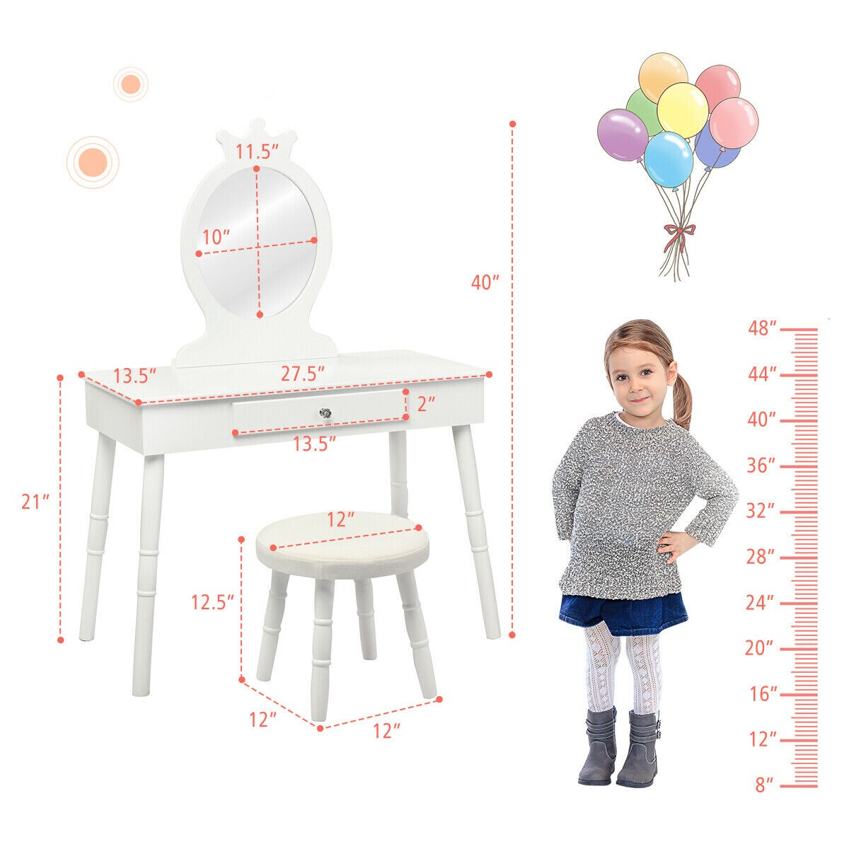 Costway Kids Vanity Makeup Table & Chair Set Make Up Stool Play Set for Children