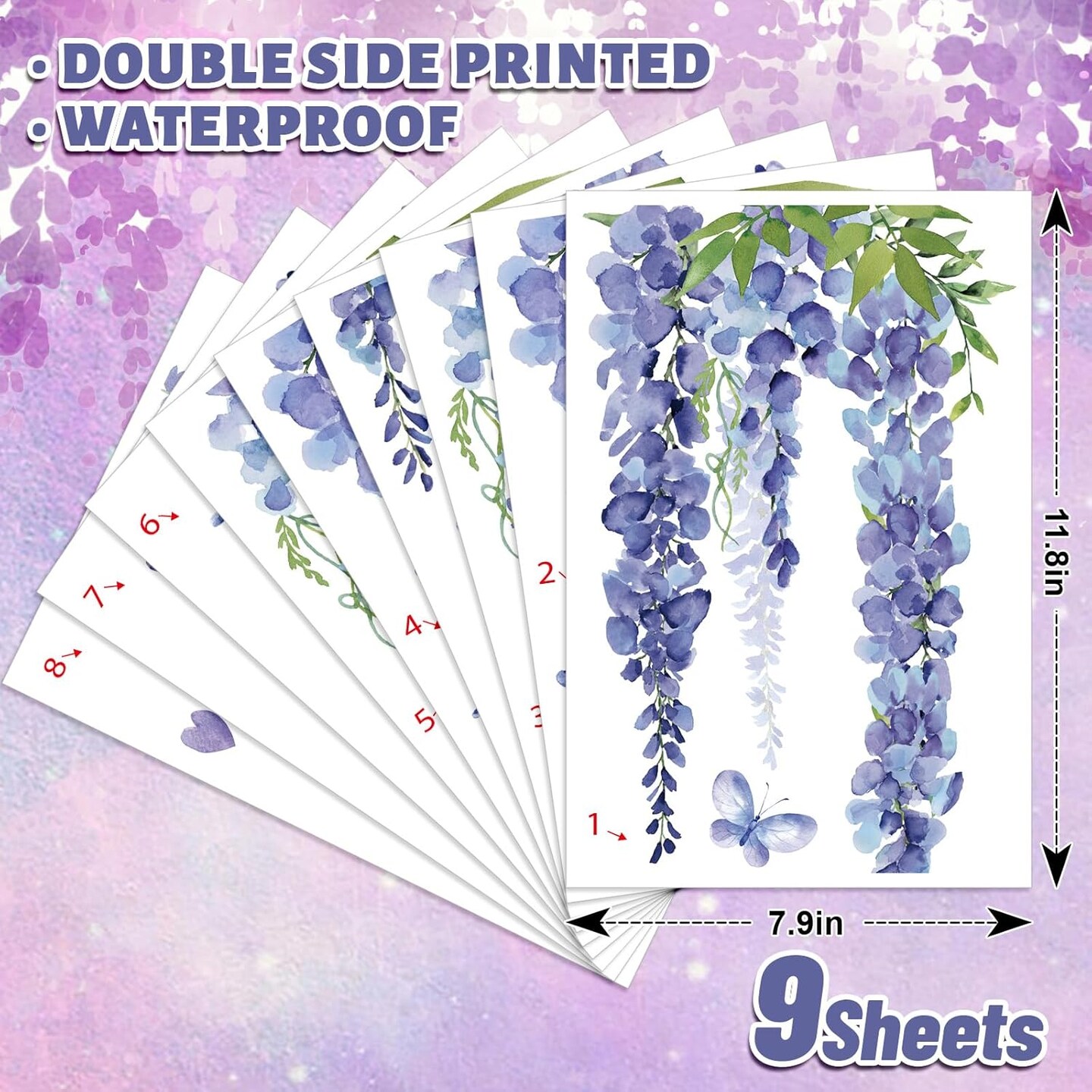 9 Sheets Summer Blue Purple Floral Window Cling Stickers Hanging