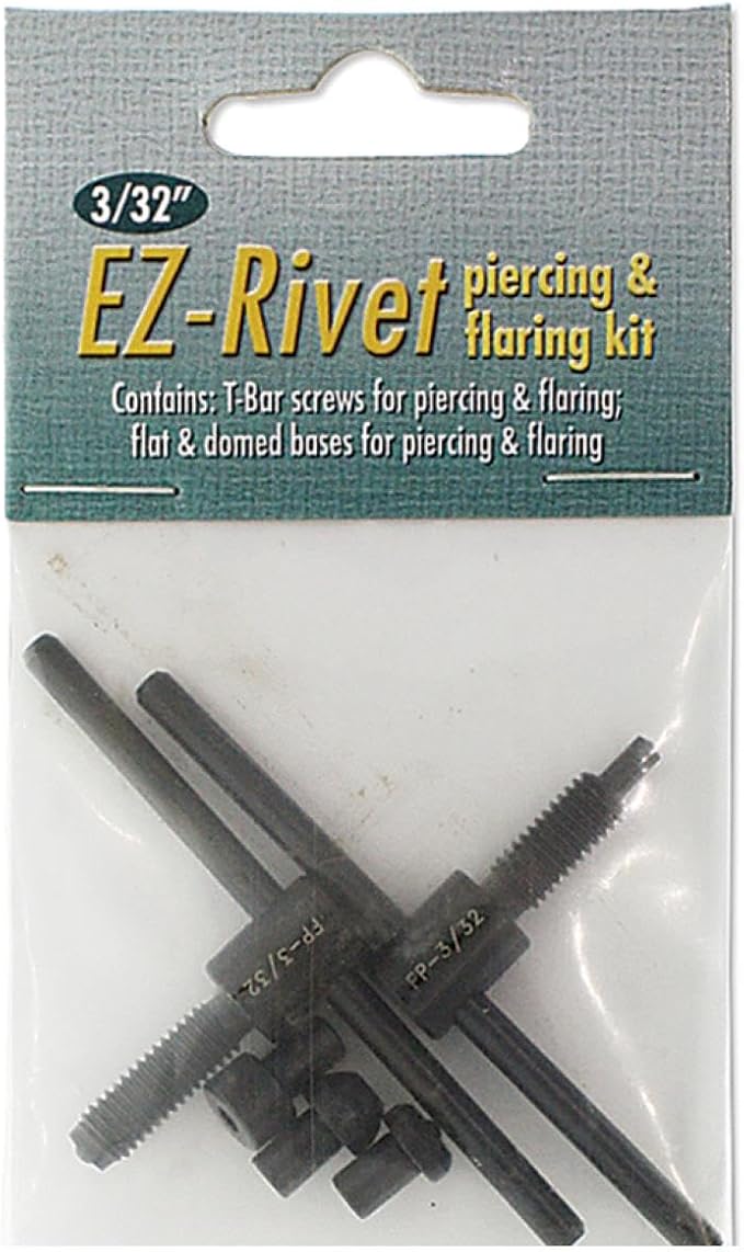 The Beadsmith EZ Rivet Piercing & Flaring Kit - Includes 3/32" T-bar Screws and Flat & Domed Bases for Piercing & Flaring - Domed Base for Use with Rings – Flat Base for Sheet Metal Up to 18 Gauge