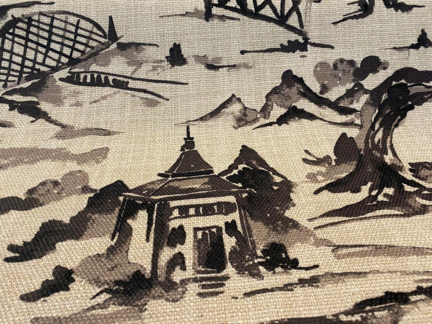 1 Yard Toile Chinoiserie Black Basketweave Nanping 100% Polyester Upholstery Fabric