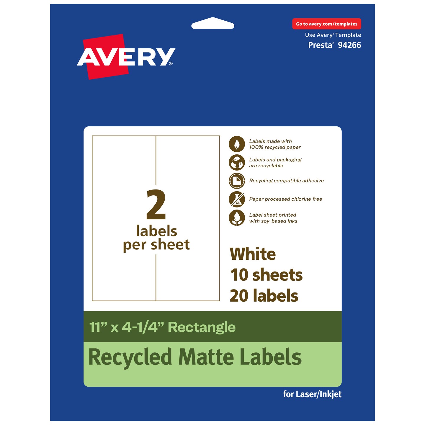 Avery Recycled Matte White Labels,  11&#x22; x 4-1/4&#x22; Rectangle