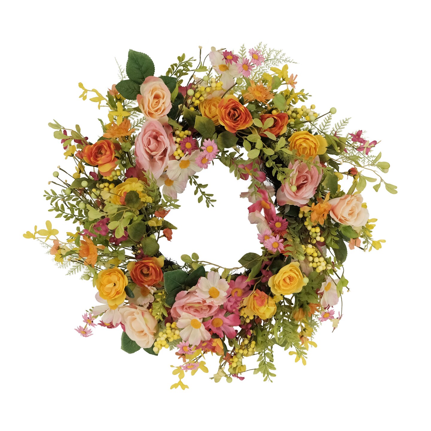 CC Christmas Decor Rose and Daisy Artificial Spring Floral Wreath - 24” - Multicolor