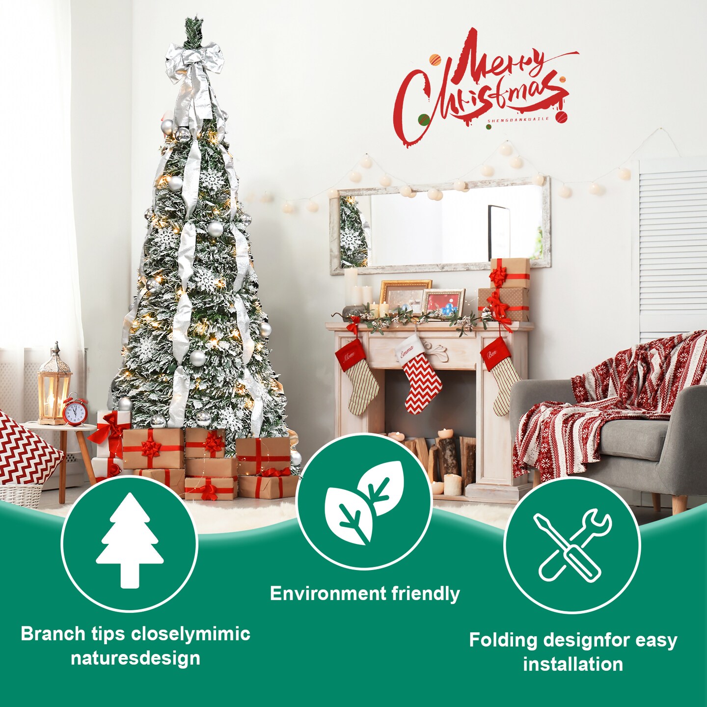Enchanting 6FT Decorated Artificial Christmas Tree: Illuminated with Lights, Adorned with Snowflakes &#x26; Ornaments