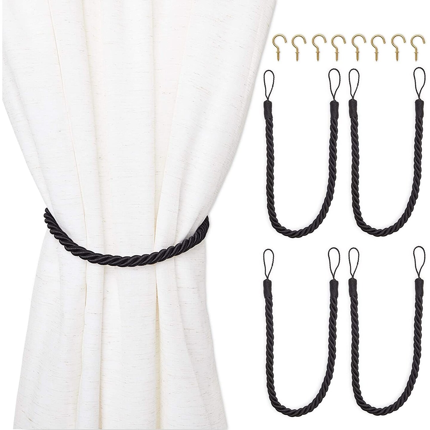 4-Pack Black Cotton Window Curtain Tiebacks Tie Back with 8 Hooks, 26&#x22; Holdbacks Rope for Drapes