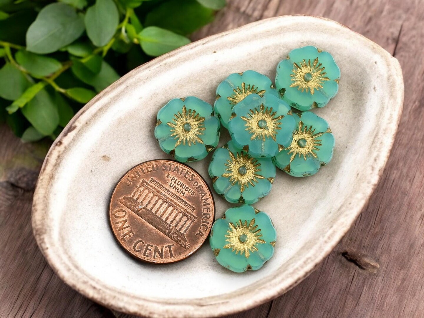 *12* 12mm Gold Washed Green Aqua Opaline Hawaiian Flower Beads