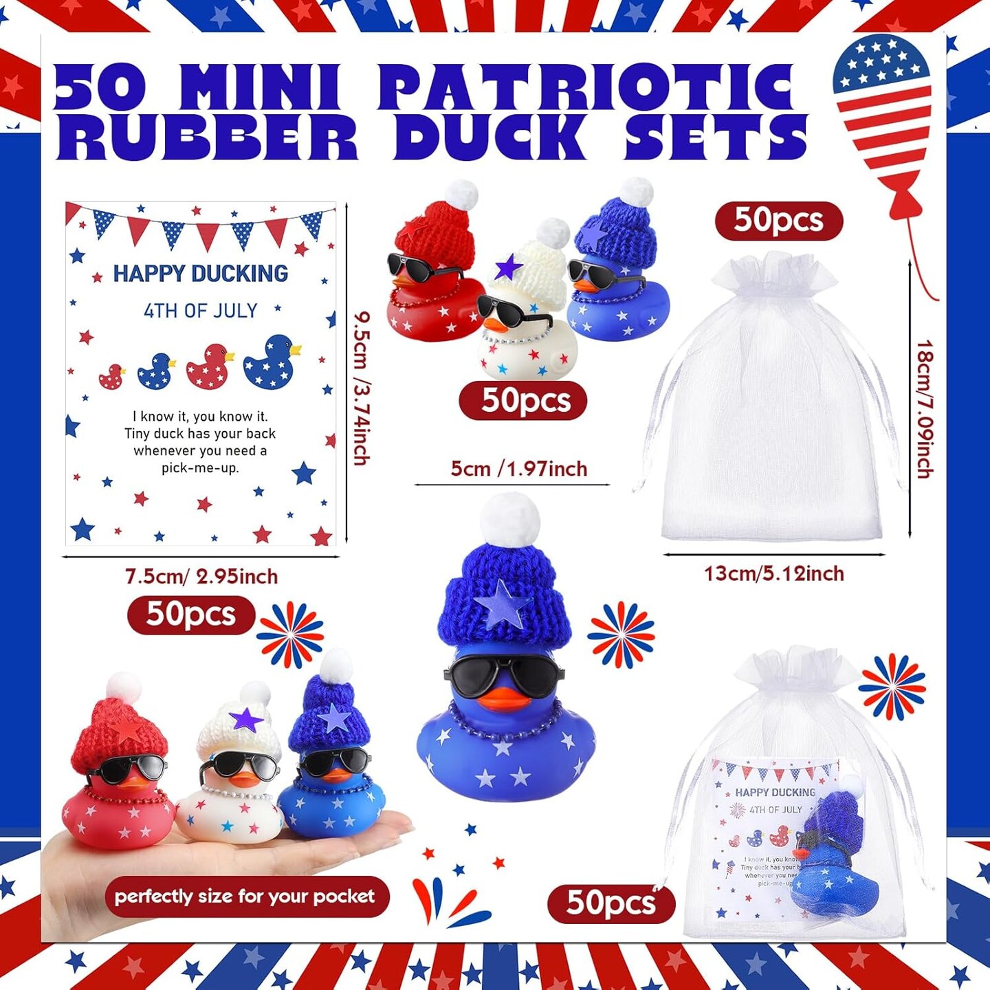 200 Pcs 4th of July Gifts Include 50 Pcs Patriotic Rubber Ducks 50 Red White Blue Cards 50 Organza Bags 50 Duck Hats for Memorial Independence Day 250th Anniversary Party Decor