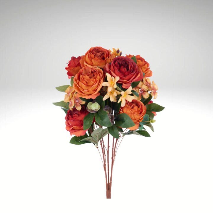 22&#x22; Flame Orange Artificial Cabbage Rose Bush &#x2013; 5 Bloom Fabric Floral Stem-FB1954A9